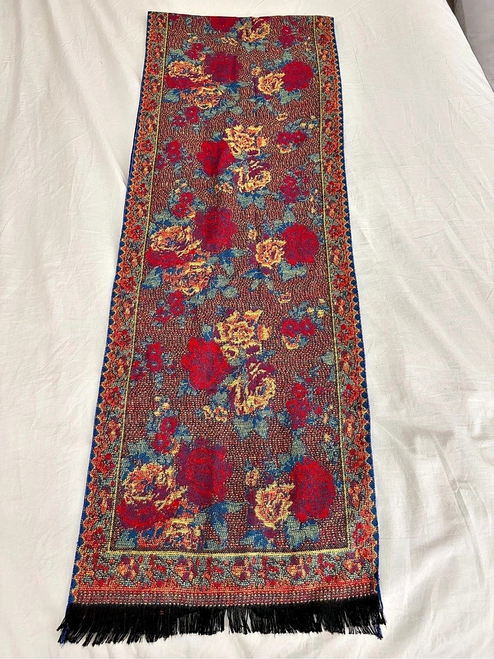 Floral Cashmere Scarf in Red & Blue